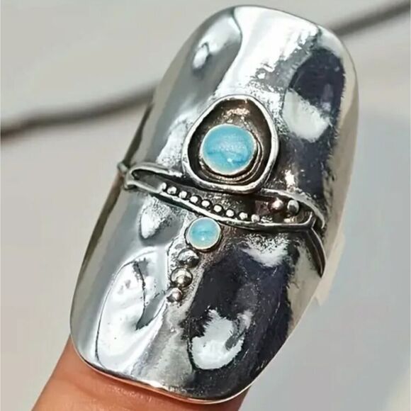 Silver Statement Ring for Women Retro Boho Design with Gemstone Adjustable - Picture 10 of 11
